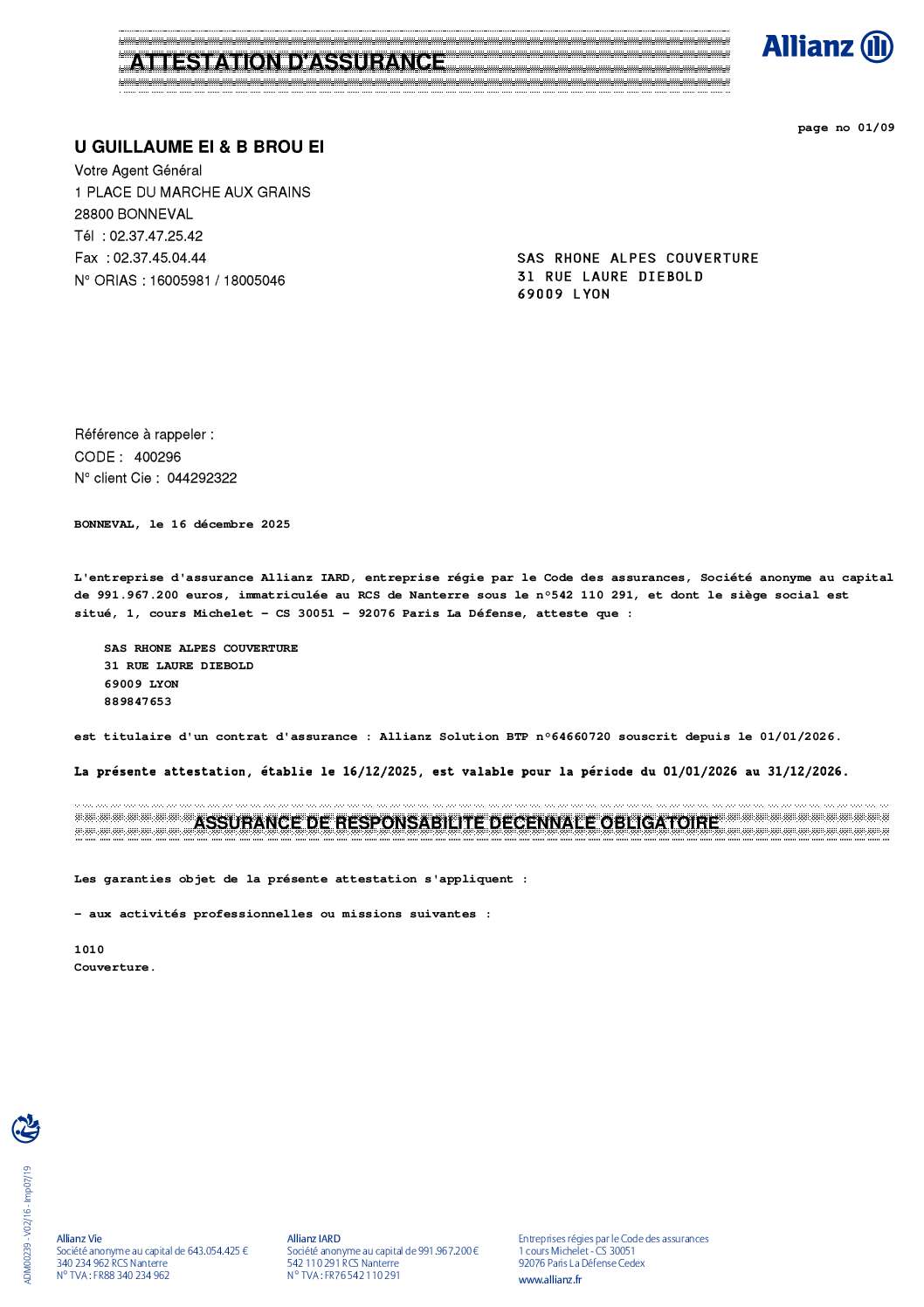 Attestation de garantie décennale couvreur Bourgoin Jallieu